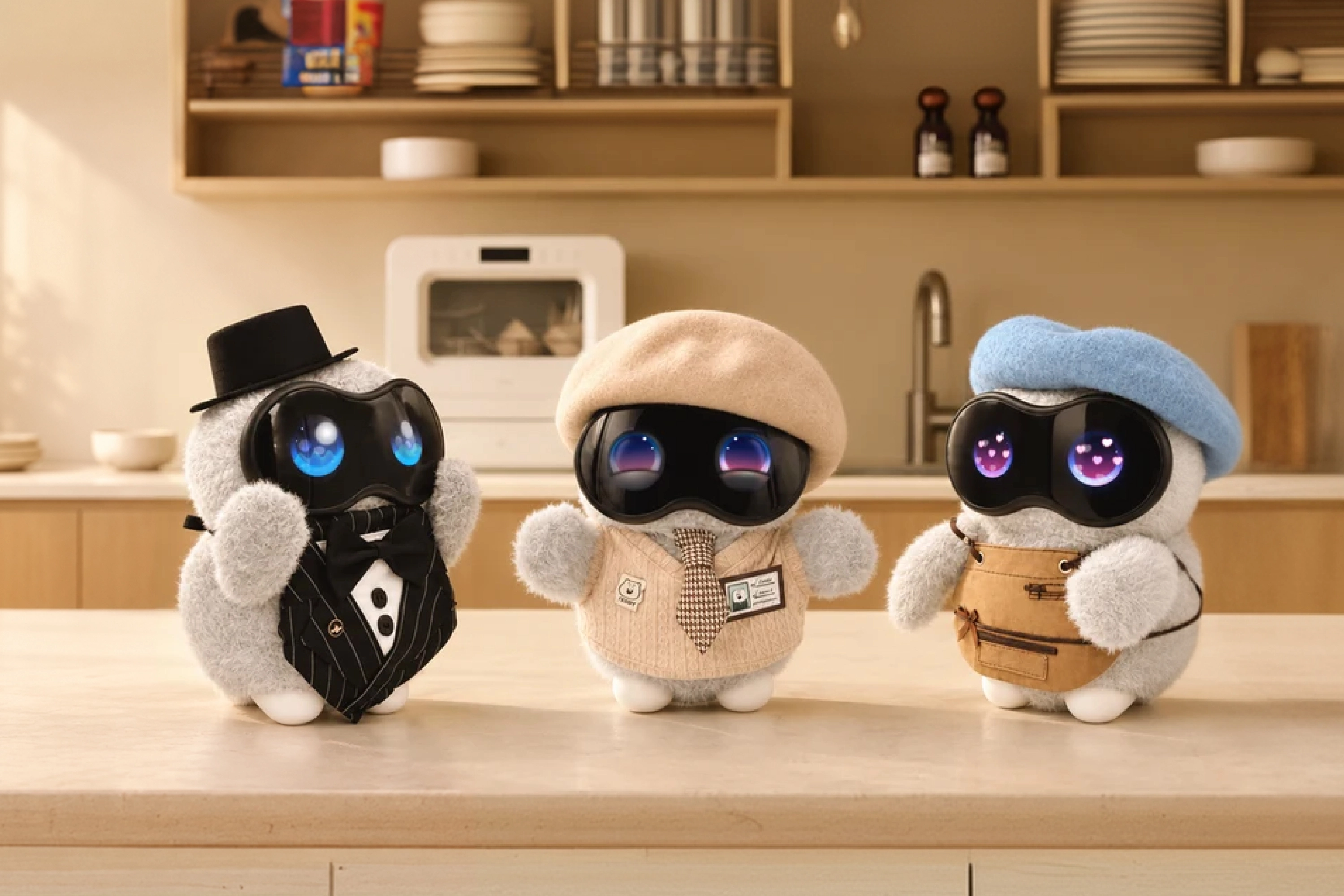 Three COCOMO outfits on a kitchen counter: a black pinstripe suit and top hat, a tan beret with tie and vest, and a blue beret with overalls.